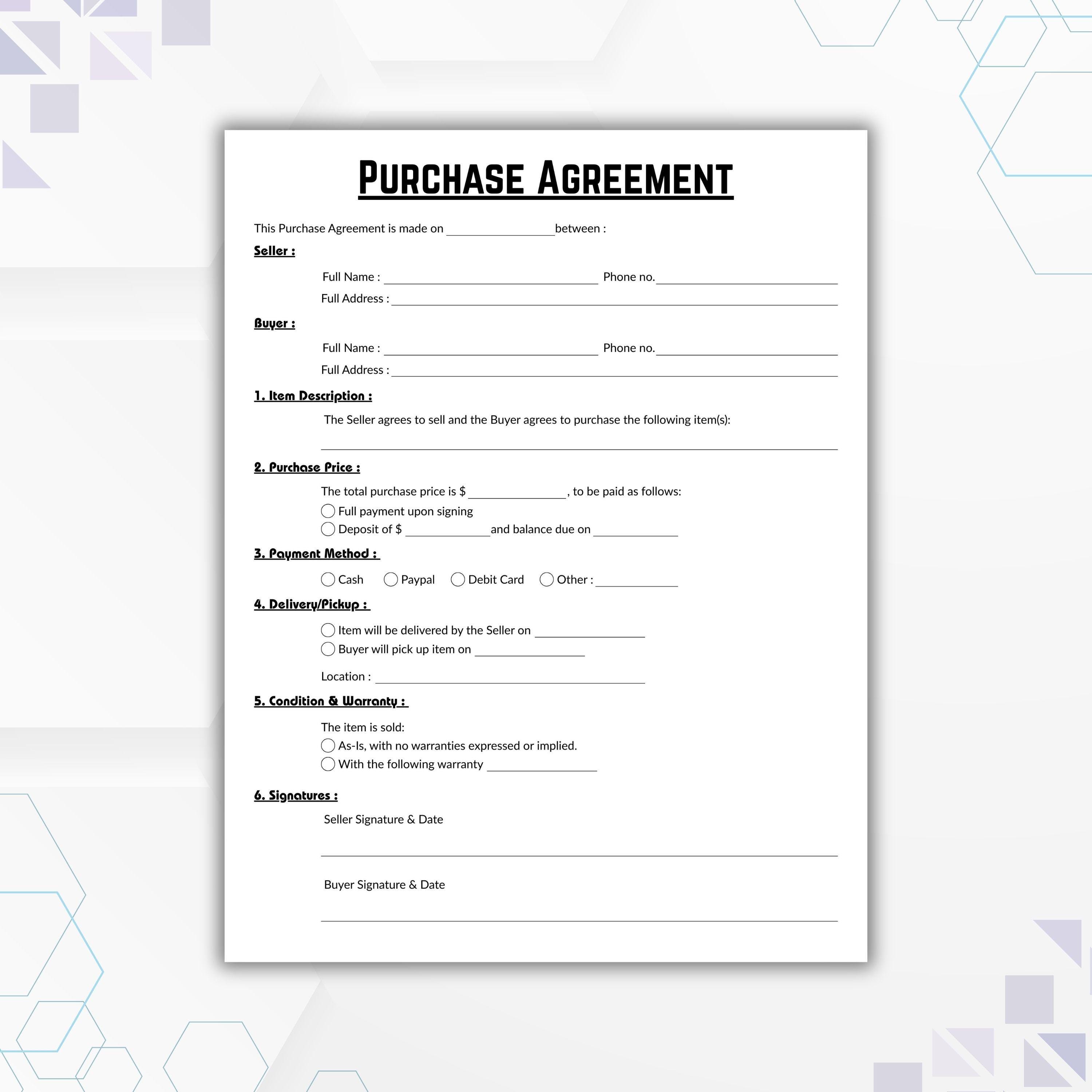 Single Purchase Editable Purchase Agreement Template, Single Page Purchase and Sale ...