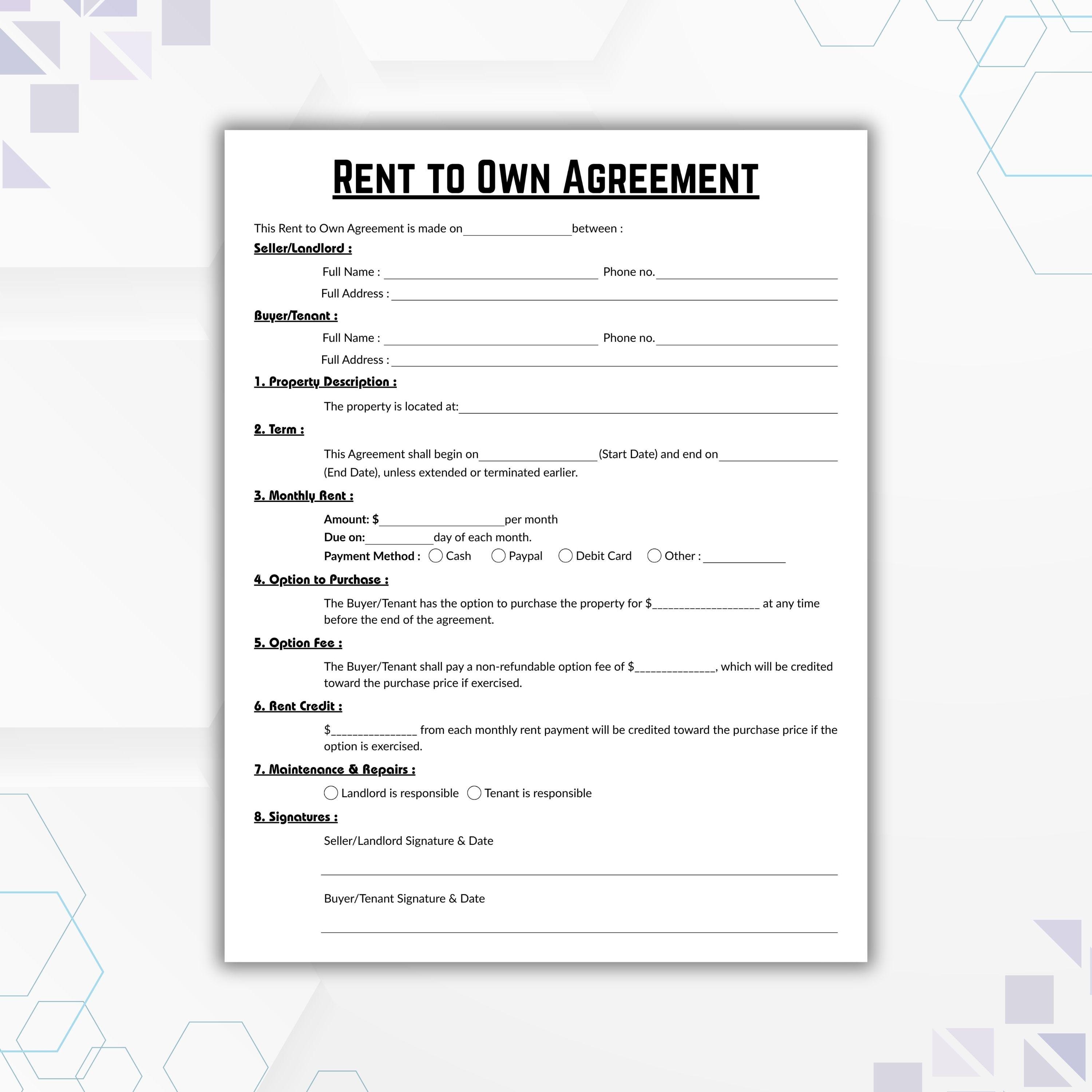 Own Use Form Editable Rent to Own Agreement, Simple Lease to Own Option Agreement ...