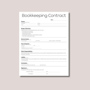 K&ouml;nnte beinhalten: Ein wei&szlig;er Buchhaltungsvertrag mit dem Titel "Bookkeeping Contract". Das Dokument enth&auml;lt Abschnitte f&uuml;r Parteien, Leistungsumfang, Leistungszeitraum, Geb&uuml;hren & Zahlung, Kundenverantwortlichkeiten, Haftung, K&uuml;ndigung und Unterschriften.