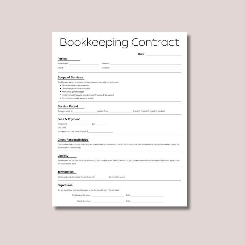 K&ouml;nnte beinhalten: Ein wei&szlig;er Buchhaltungsvertrag mit dem Titel "Bookkeeping Contract". Das Dokument enth&auml;lt Abschnitte f&uuml;r Parteien, Leistungsumfang, Leistungszeitraum, Geb&uuml;hren & Zahlung, Kundenverantwortlichkeiten, Haftung, K&uuml;ndigung und Unterschriften.