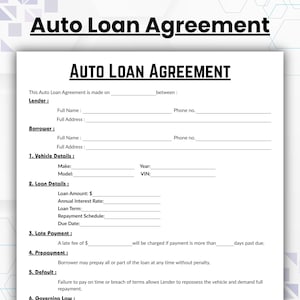 以下が含まれることがあります： 黒いテキストの白い自動車ローン契約書。貸し手と借り手の情報、車両の詳細、ローンの詳細、延滞金の条項が含まれています。「自動車ローン契約」というタイトルが大きく表示されています。