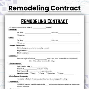 Editable Remodeling Contract Template, Single Page Home Renovation Contract Form, Printable Construction Services Contract, Instant Download