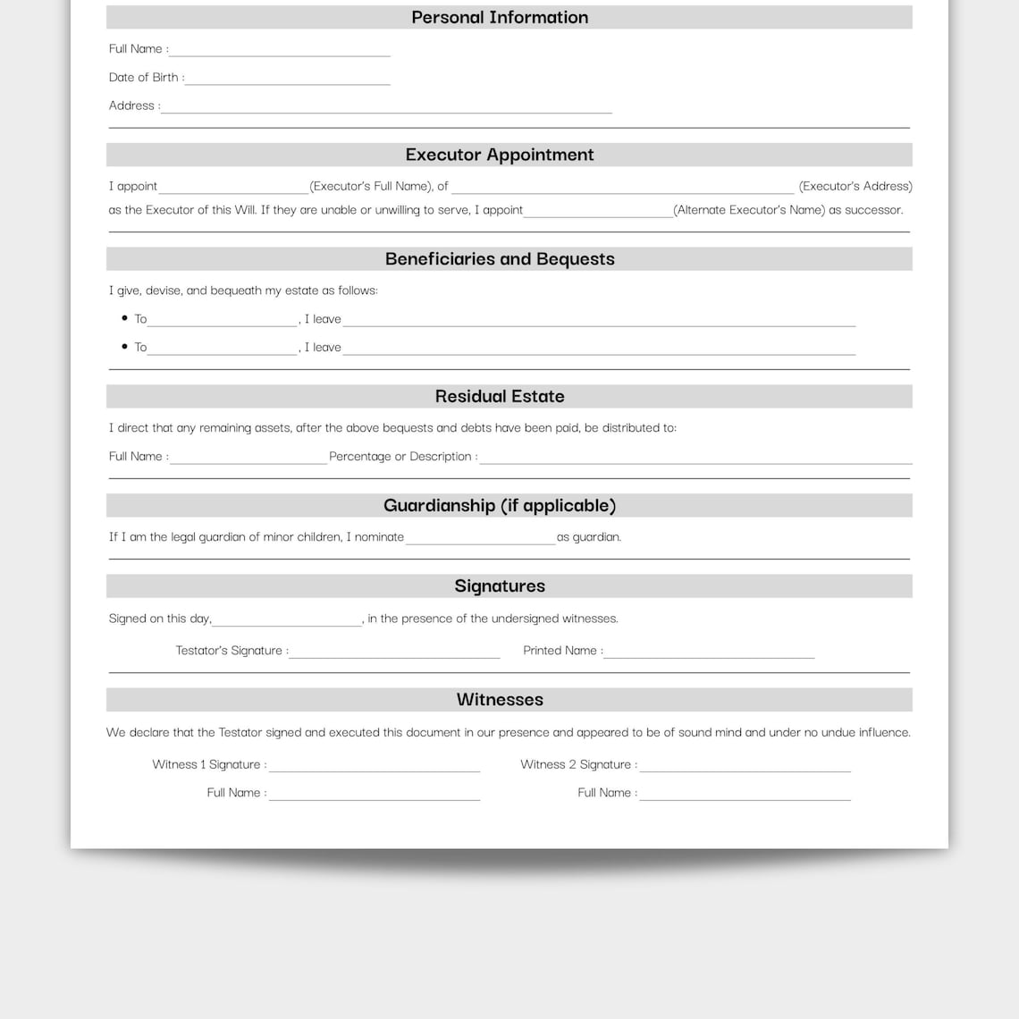 Minimalist Last Will and Testament, Simple Testament Form, Printable ...