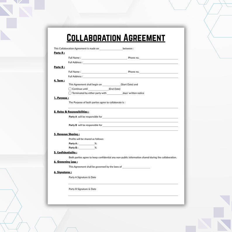 Editable Collaboration Agreement Template, Single Page Business ...