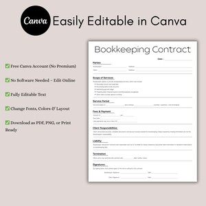 K&ouml;nnte beinhalten: Eine Buchhaltungsvertrags-Vorlage mit dem Text "Bookkeeping Contract" oben. Das Canva-Logo befindet sich in der oberen linken Ecke. Die Vorlage enth&auml;lt Abschnitte f&uuml;r Parteien, Leistungsumfang, Leistungszeitraum, Geb&uuml;hren, Kundenverantwortlichkeiten, Haftung, K&uuml;ndigung und Unterschriften.