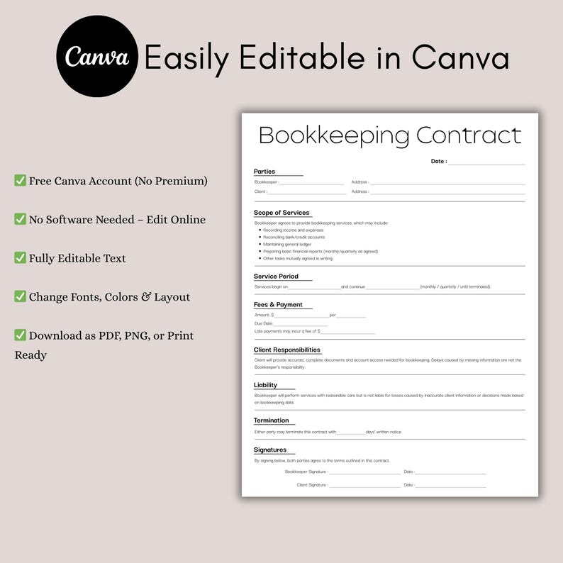 K&ouml;nnte beinhalten: Eine Buchhaltungsvertrags-Vorlage mit dem Text "Bookkeeping Contract" oben. Das Canva-Logo befindet sich in der oberen linken Ecke. Die Vorlage enth&auml;lt Abschnitte f&uuml;r Parteien, Leistungsumfang, Leistungszeitraum, Geb&uuml;hren, Kundenverantwortlichkeiten, Haftung, K&uuml;ndigung und Unterschriften.