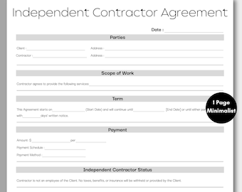 Contratto di lavoro autonomo minimalista, contratto aziendale semplice, modulo di contratto stampabile e modificabile, download immediato in PDF, Canva