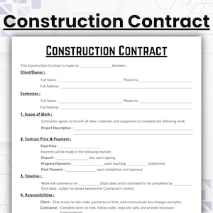 Op de afbeelding: Een blanco bouwcontractformulier met secties voor de informatie van de opdrachtgever/eigenaar en de aannemer, de omvang van de werkzaamheden, de contractprijs en betaling, de tijdlijn en de verantwoordelijkheden.