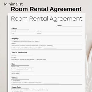 Minimalist Room Rental Contract Template, Simple Rental Agreement, Printable Tenancy Agreement, Editable Roommate Room Rental Agreement