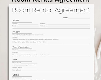 Minimalist Room Rental Contract Template, Simple Rental Agreement, Printable Tenancy Agreement, Editable Roommate Room Rental Agreement