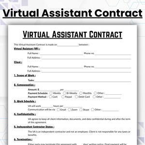 May include: A white Virtual Assistant Contract with black text. The document includes sections for the Virtual Assistant and Client information, scope of work, compensation, work schedule, confidentiality, and independent contractor status. The title "Virtual Assistant Contract" is at the top.