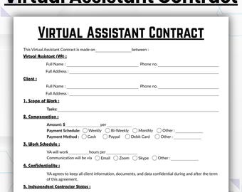 Editable Virtual Assistant Contract Template, Single Page Freelance Assistant Agreement Form, Printable Personal Assistant Services, Canva