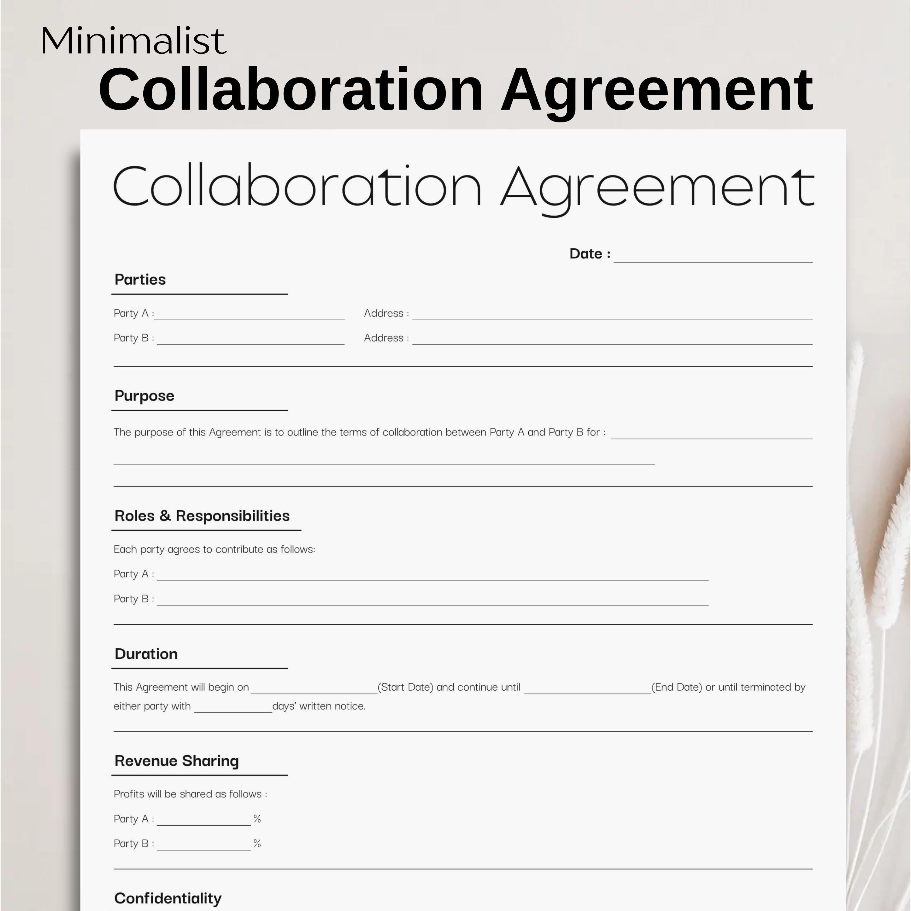 Minimalist Collaboration Agreement Template, Simple Editable Business ...