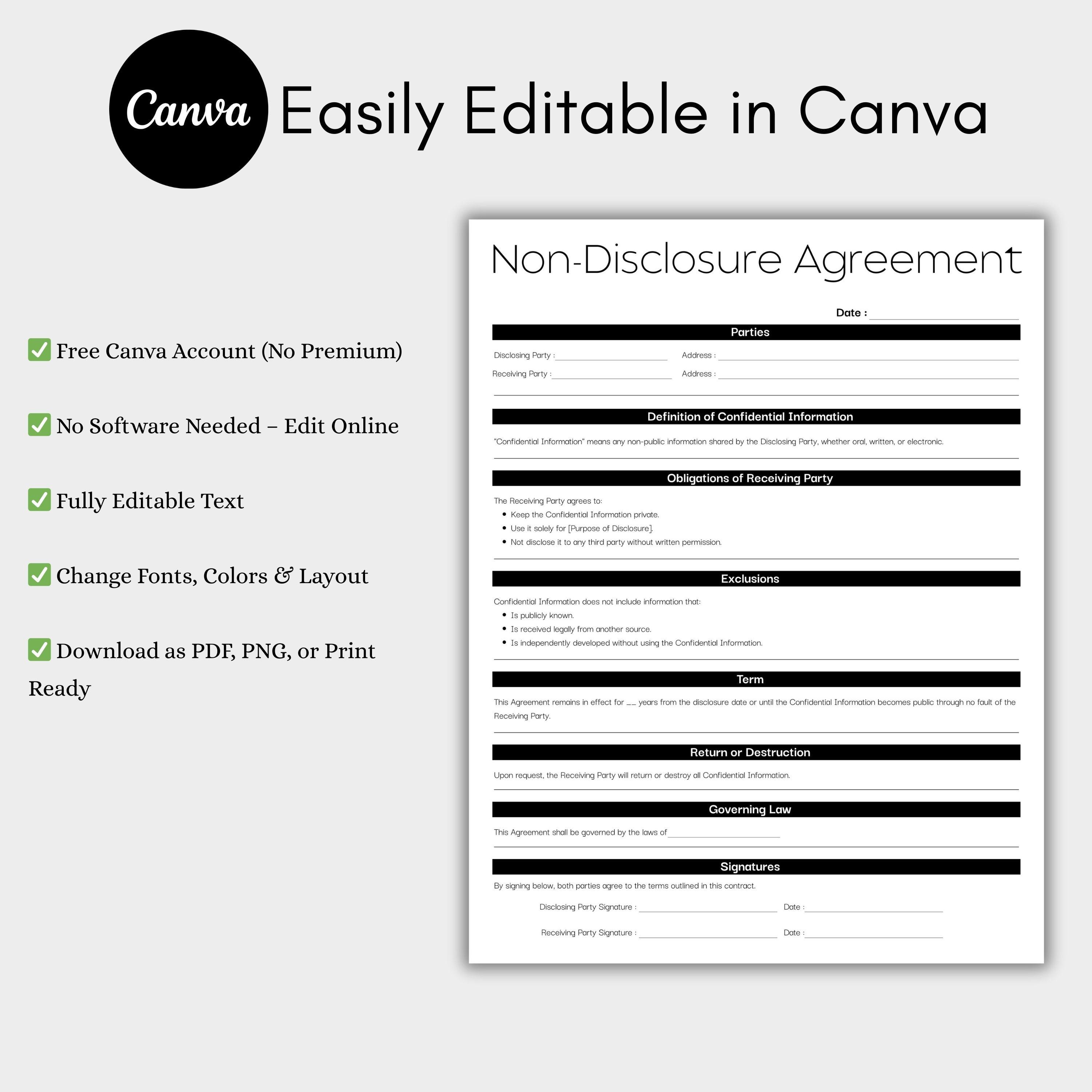 Minimalist Nondisclosure Agreement Black, Simple NDA Template, Canva