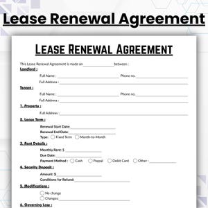 Editable Lease Renewal Agreement Template, Single Page Lease Extension Contract Form, Printable Landlord Rental Apartment, Residential Lease