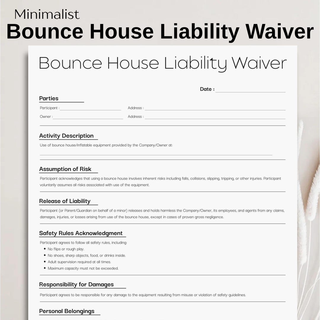 Minimalist Bounce House Liability Waiver Template, Simple Editable