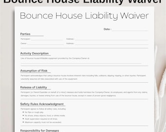 Minimalist Bounce House Liability Waiver Template, Simple Editable Business Waiver, Printable Bounce House Liability Form Instant Download