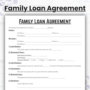 Editable Family Loan Agreement Template, Single Page Family Loan Contract Form, Printable Family Loan Contract Form, Borrowing contract