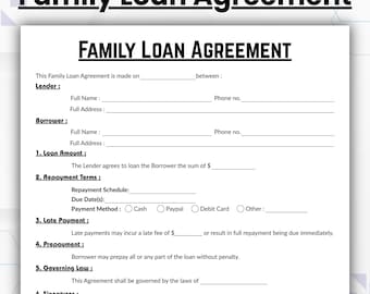 Modello di contratto di prestito familiare modificabile, modulo di contratto di prestito familiare di una sola pagina, modulo di contratto di prestito familiare stampabile, contratto di prestito