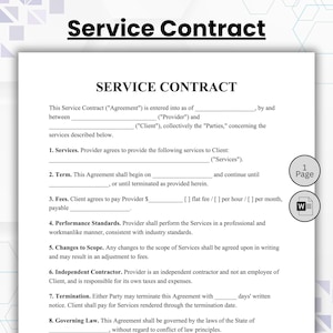 以下が含まれることがあります： 黒いテキストでService Contractと書かれた白い文書。Services、Term、Fees、Performance Standards、Changes to Scope、Independent Contractor、Termination、Governing Lawのセクションが含まれています。1ページアイコンとWordドキュメントアイコンが表示されています。