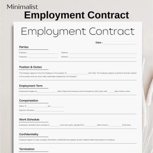 Minimalist Employment Contract, Simple Job Agreement Form, Printable Employment Service Contract, Editable HR Employer, Employee Form
