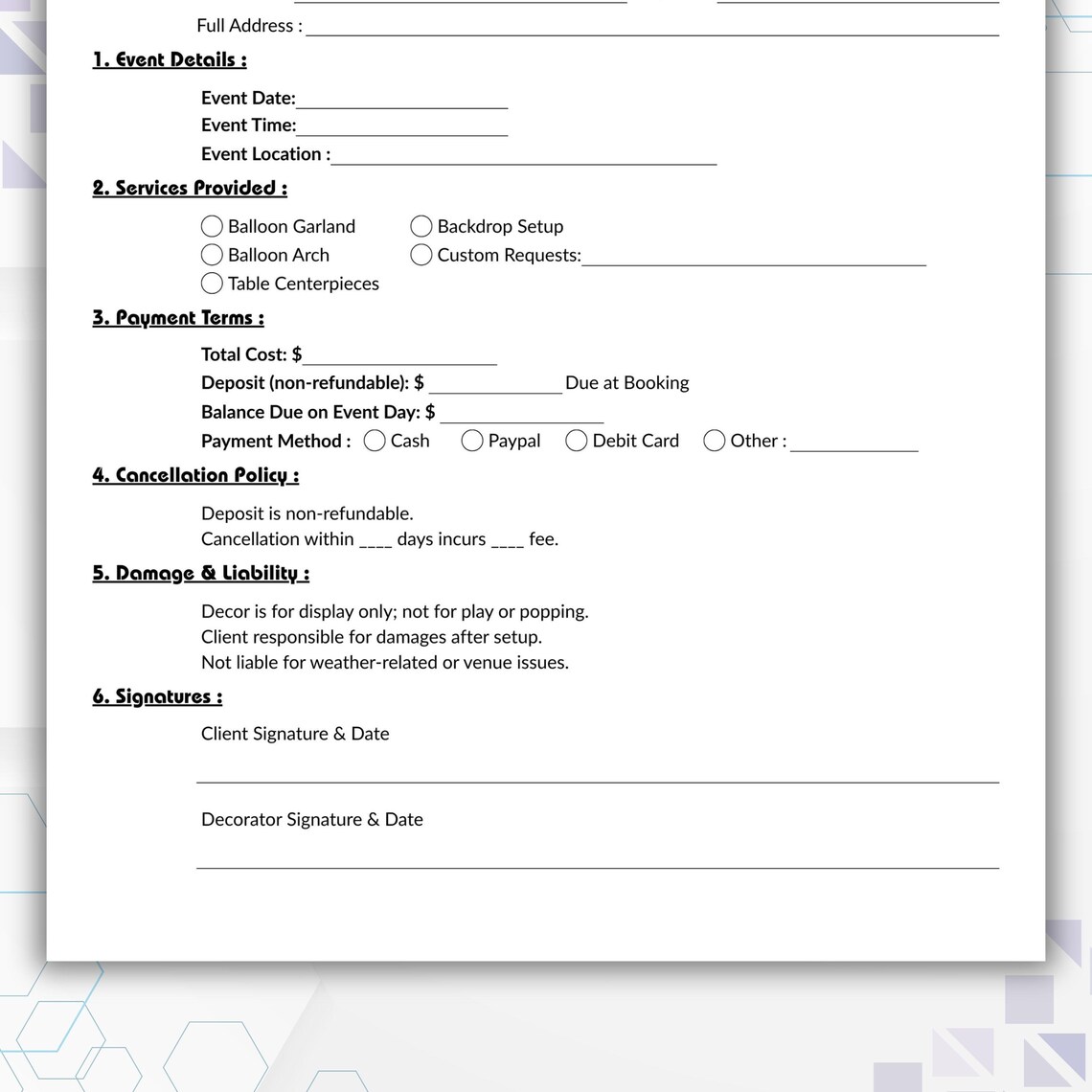 Editable Balloon Decor Contract Template, Single Page Balloon