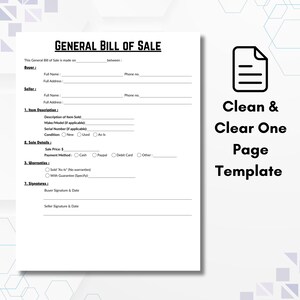 Pu&ograve; includere: Un modello bianco di "Atto di vendita generale" con campi compilabili per l'acquirente, il venditore, la descrizione dell'articolo e i dettagli della vendita. Il documento include sezioni per firme e garanzie. Il testo a destra dice "Clean & Clear One Page Template."