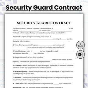 Puede incluir: Una plantilla de contrato de guardia de seguridad en blanco y negro con secciones para servicios, plazo, tarifas, deberes, licencias, informes de incidentes, seguros y terminación, junto con un icono de archivo de Word.