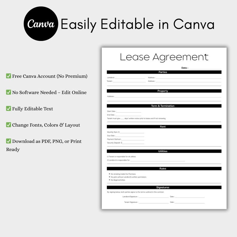 Image showcasing Minimalist Residential Lease Agreement Black, Simple Housing Contract Template, Printable Lease ...