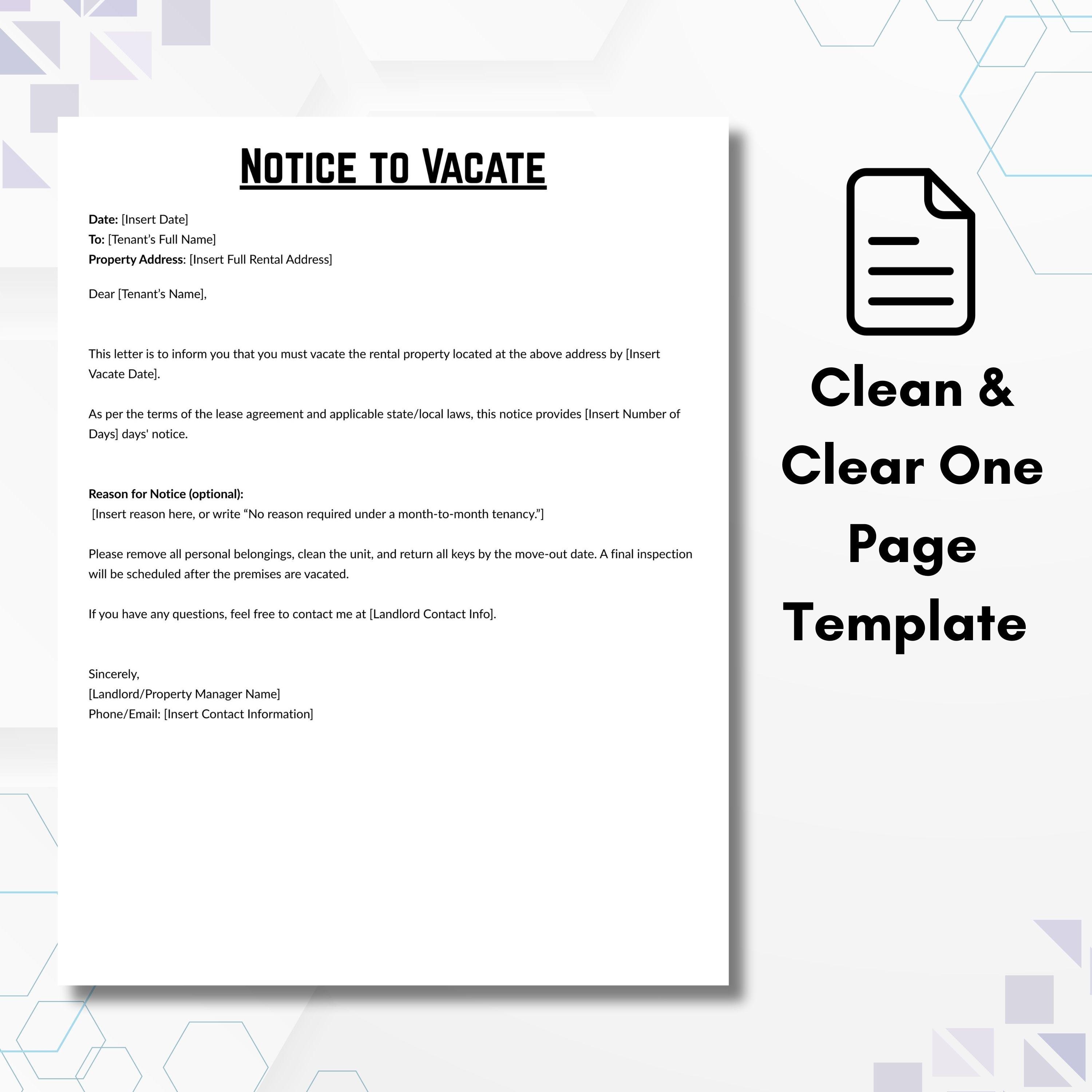 Editable Eviction Notice Template, Single Page Notice to Vacate ...