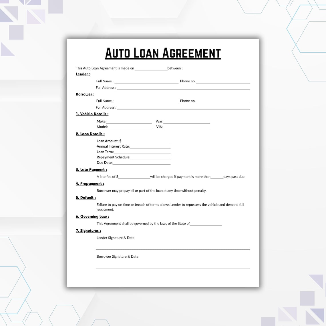 Auto Loan Form.pdf Editable Auto Loan Agreement, Simple Auto Finance Plan Form Template ...