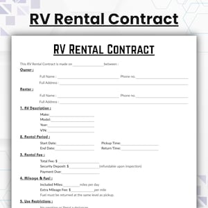 Editable RV Rental Agreement Template, Single Page Trailer Rental Form, Printable Motorhome Lease, Caravan Trailer, Motorhome Contract