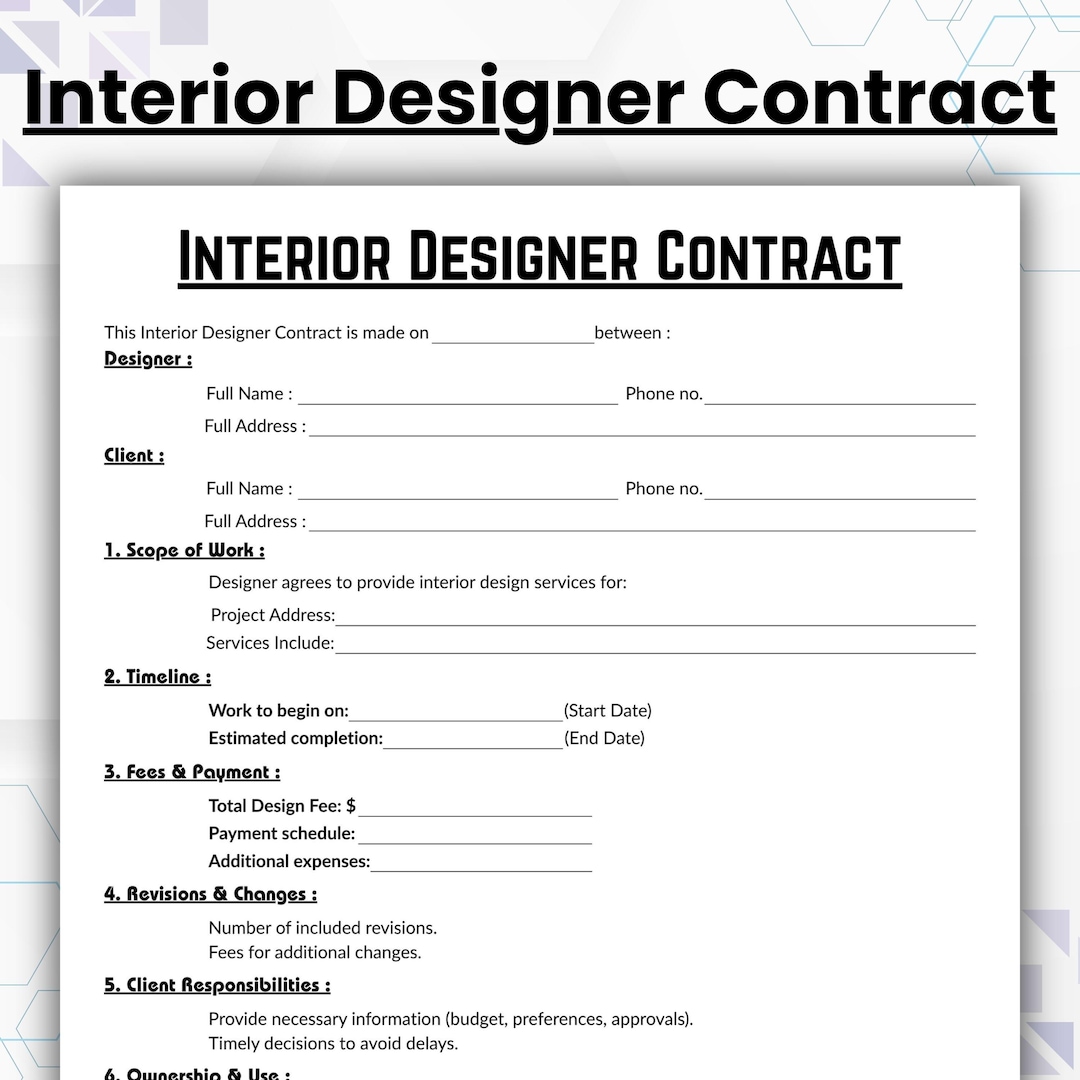 Editable Interior Designer Contract Template, Single Page Interior ...