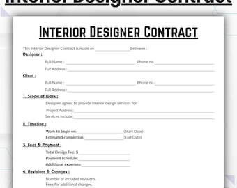 Editable Interior Designer Contract Template, Single Page Interior Decorating Form, Printable Interior Design Services Agreement, Canva