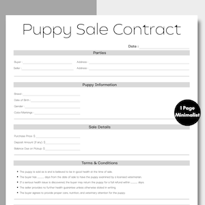 Puede incluir: Un formulario de contrato de venta de cachorro imprimible en blanco y negro con el título "Contrato de venta de cachorro" en la parte superior. El formulario incluye secciones para las partes, información sobre el cachorro, detalles de la venta y términos y condiciones.