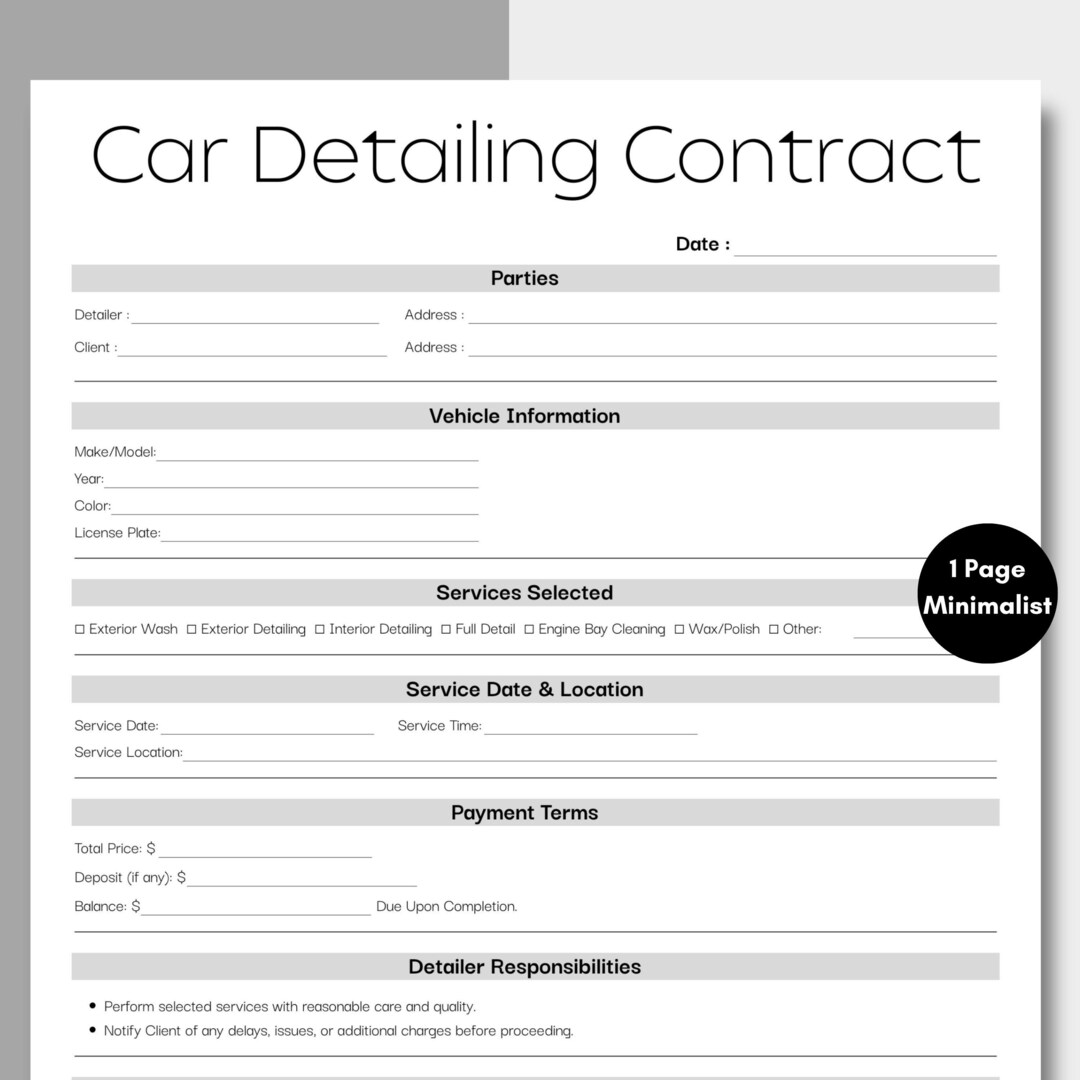 Minimalist Car Detailing Contract, Simple Auto Detailing Agreement ...
