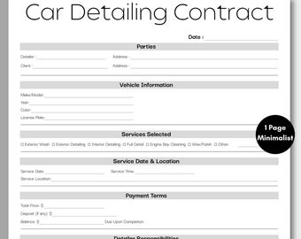 Minimalist Car Detailing Contract, Simple Auto Detailing Agreement Template, Printable Editable Detailing Service Term Form Instant Download