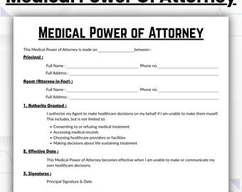 Modèle de procuration médicale modifiable, modèle d'autorité de santé d'une page, formulaire de procuration de soins de santé imprimable, téléchargement immédiat au format PDF