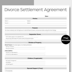 May include: A minimalist, one-page Divorce Settlement Agreement template. The document includes sections for parties, purpose, separation terms, division of property, debts/liabilities, and child/spousal support. The text "1 Page Minimalist" is in a black circle.