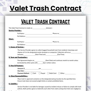 Puede incluir: Un formulario de contrato de Valet Trash con el título "VALET TRASH CONTRACT" en negrita negra. El formulario incluye secciones para la información del proveedor de servicios y del cliente, alcance de los servicios, plazo y rescisión, tarifas y pago.
