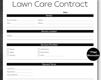 Minimalistische gazononderhoudsovereenkomst Zwart, eenvoudig landschaps- en tuinonderhoudscontract, afdrukbaar maaicontract, bewerkbaar servicecontract