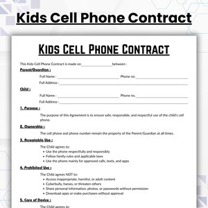 以下が含まれることがあります： 「Kids Cell Phone Contract」と題された白いドキュメントで、黒いテキストが使用されています。契約には、保護者/保護者と子供の情報、目的、所有権、許容される使用、禁止される使用、デバイスのケアに関するセクションが含まれています。このドキュメントは、携帯電話の使用に関するルールを定めています。