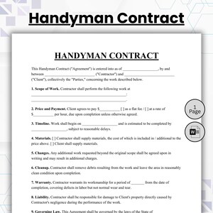 May include: A single-page Handyman Contract document printed in black text on a white background. The form includes sections for Scope of Work, Price and Payment, Timeline, Materials, Changes, Cleanup, Warranty, Liability, and Governing Law.
