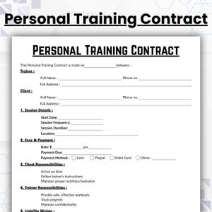 Editable Personal Training Contract Template, Single Page Fitness Services Agreement Form, Printable Trainer Contract, Workout Program