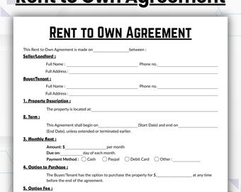 Editable Rent to Own Agreement, Simple Lease to Own Option Agreement Form Template, Printable Lease Purchase Option Agreement, Canva