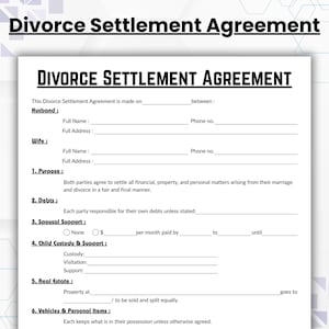 May include: A white Divorce Settlement Agreement form with black text. The document includes sections for the husband and wife's information, purpose, debts, spousal support, child custody, real estate, and personal items.