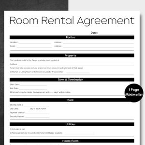 Minimalist Room Rental Agreement Black, Simple Rental Contract, Editable Roommate Room Rental Agreement, Printable Tenancy Agreement PDF