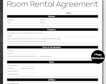 Minimalist Room Rental Agreement Black, Simple Rental Contract, Editable Roommate Room Rental Agreement, Printable Tenancy Agreement PDF