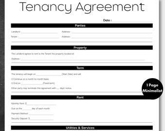 Minimalist Tenancy Agreement Black, Simple Tenancy Contract Template, Canva Editable Tenancy Agreement Form, Printable Rental Agreement