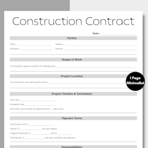 Contrato de Construção Minimalista, Formulário de Contrato de Construção Simples, Contrato de Construção Básico Imprimível e Editável, Canva, PDF